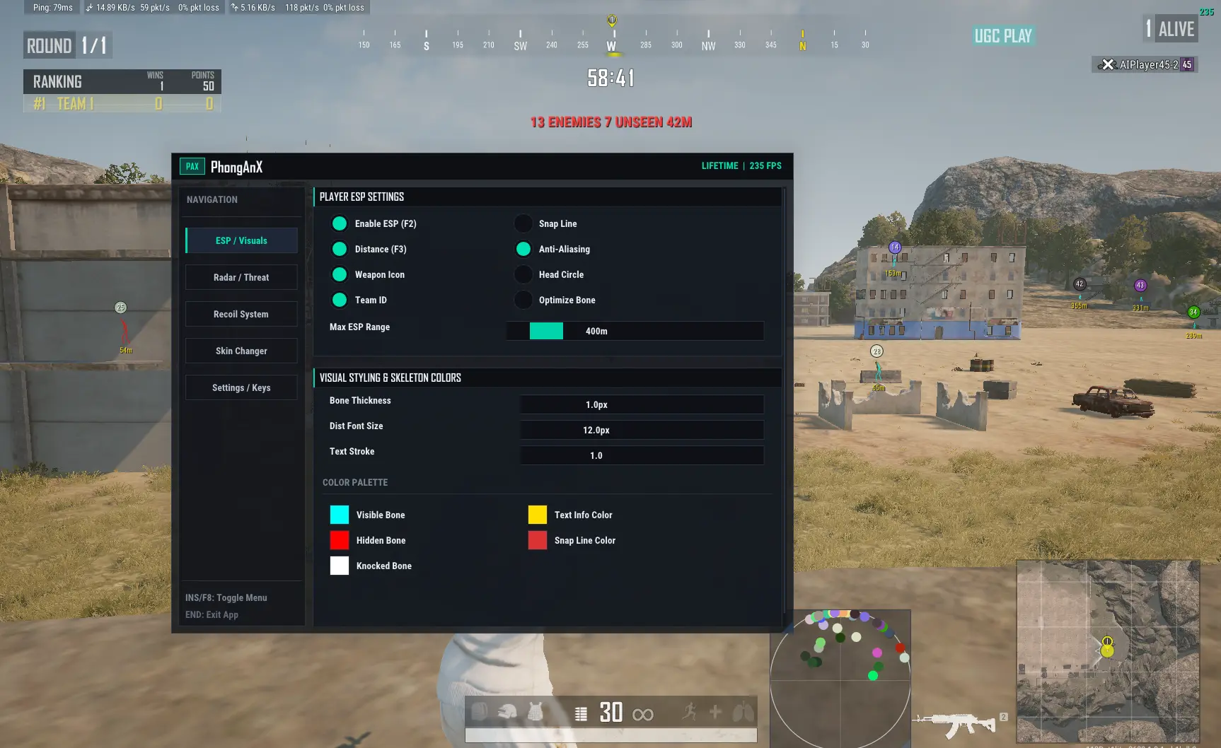 PX Simple ESP PUBG menu – player ESP settings and skeleton colours