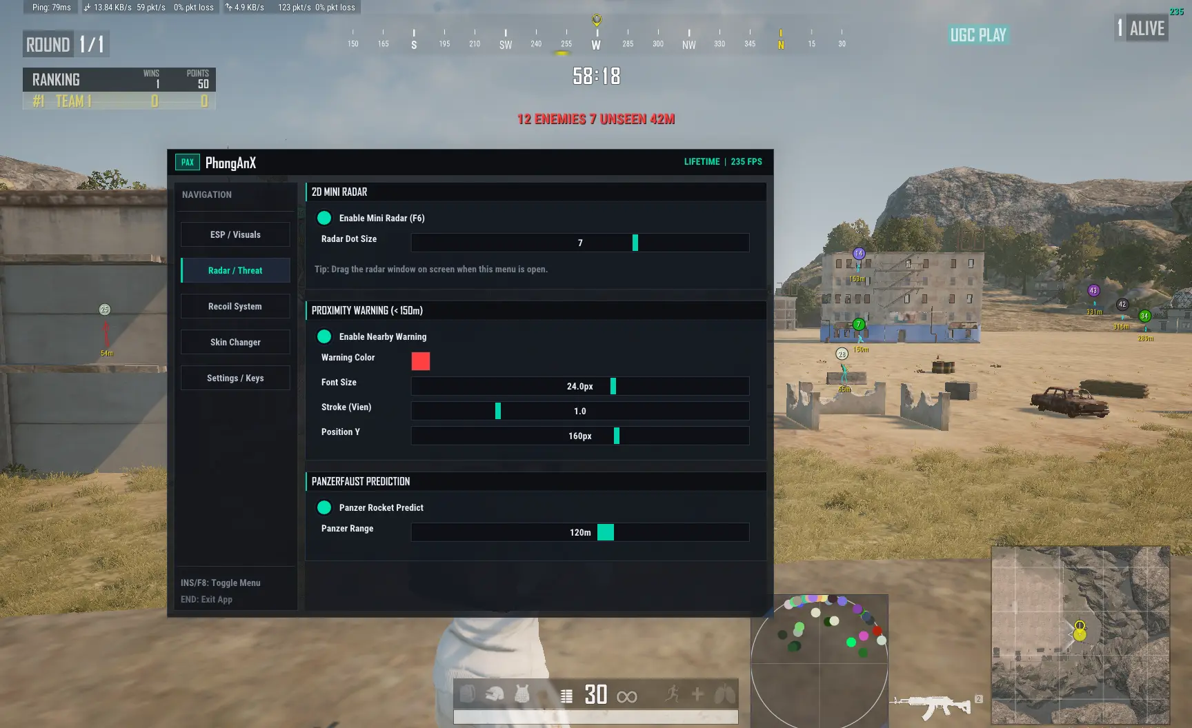PX Simple ESP PUBG menu – 2D mini radar, proximity warning and Panzerfaust prediction