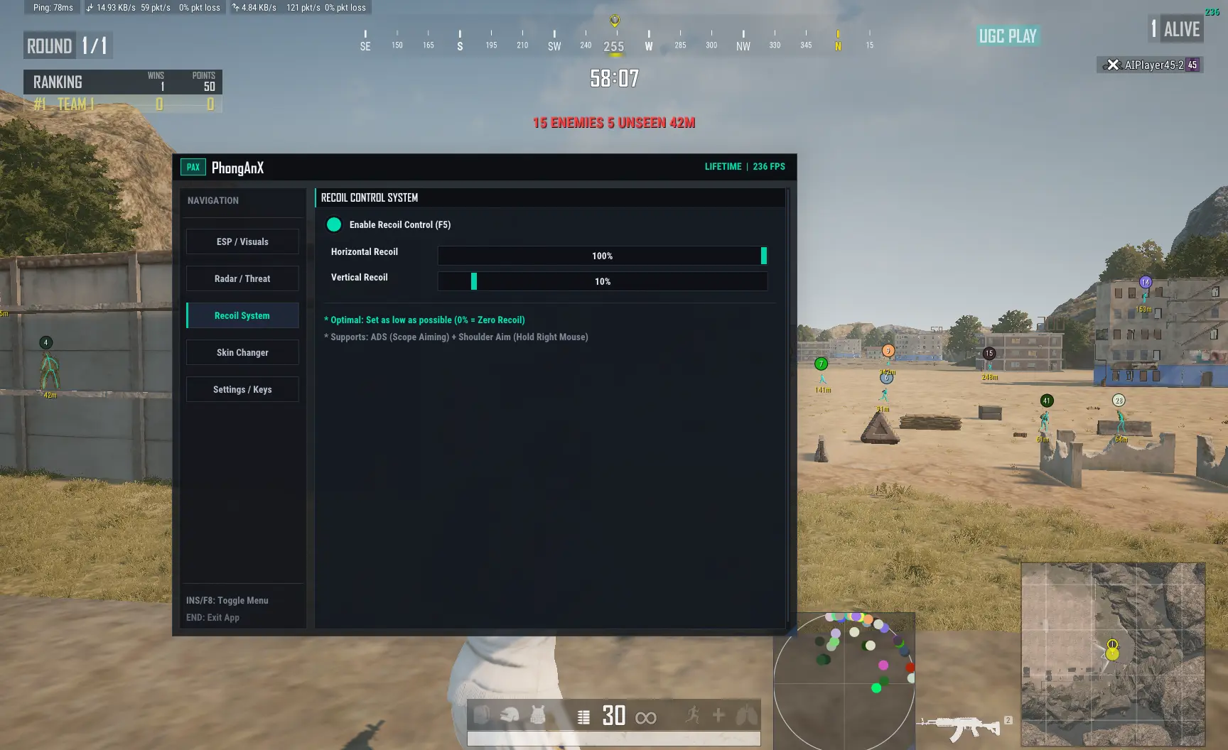 PX Simple ESP PUBG menu – recoil control system