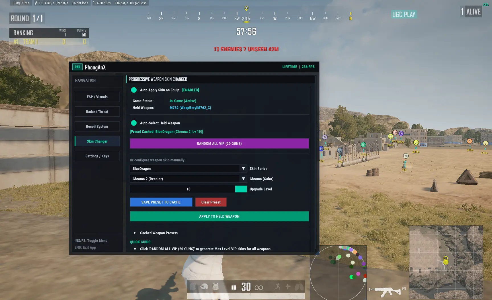 PX Simple ESP PUBG menu – progressive weapon skin changer