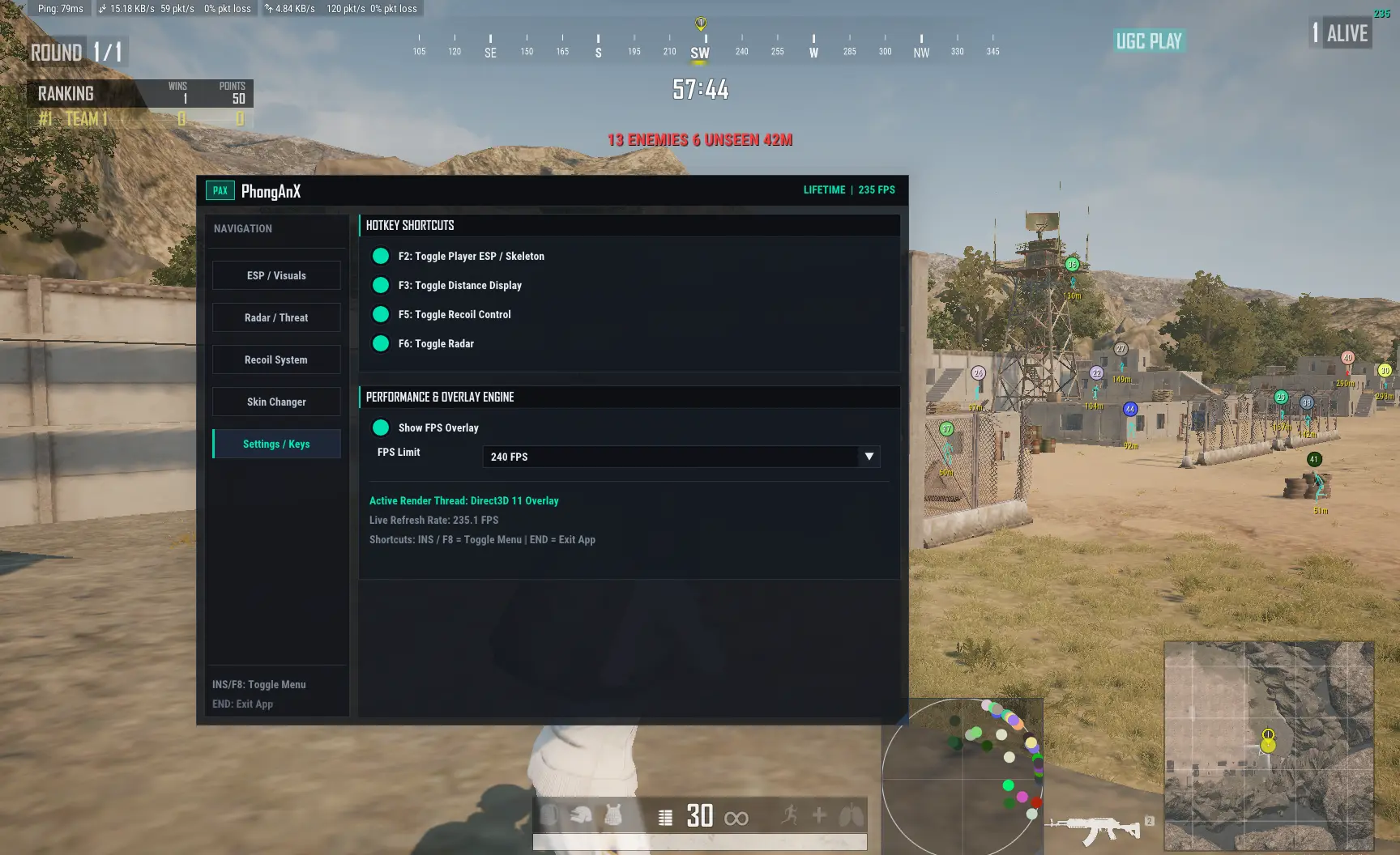PX Simple ESP PUBG menu – hotkeys and FPS overlay settings